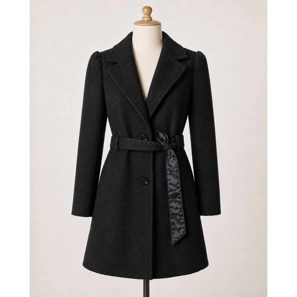 Candie's Black Belted Long Coat Size Small Structured Puff Shoulder Y2K